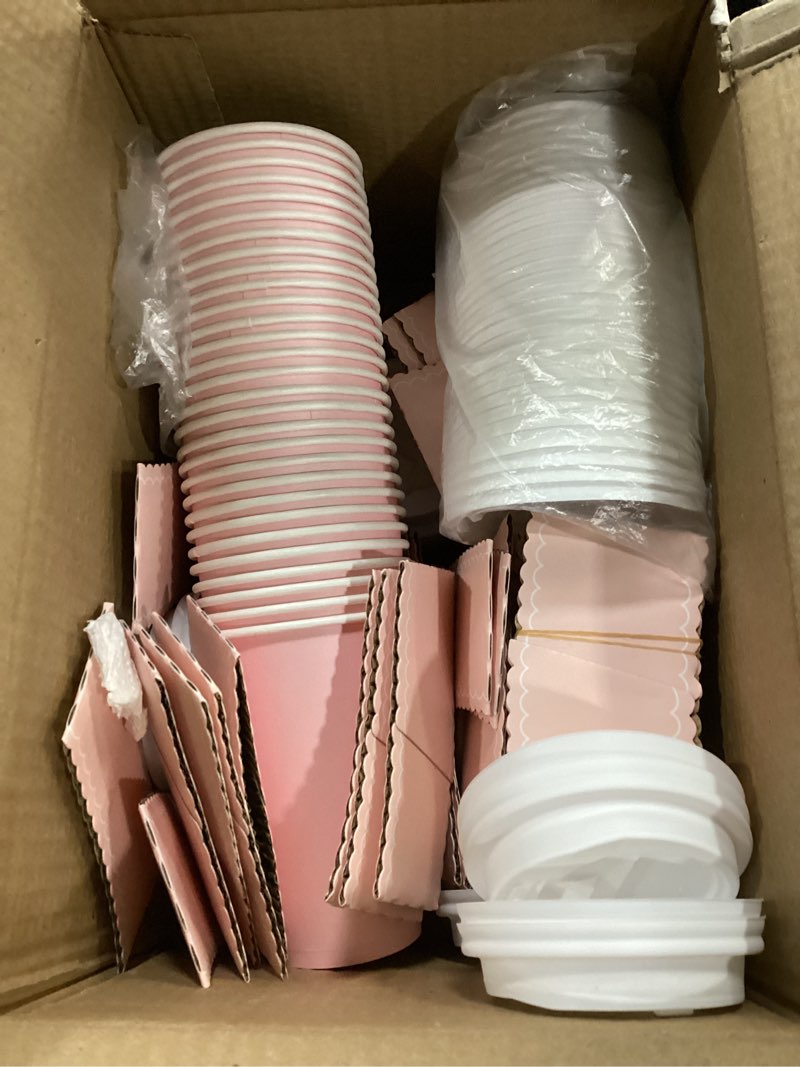 Condition photo showing Good Condition for 60 Pack Pink Coffee Cup with Lids Sleeves, 12oz Insulated To Go Paper Cups Pink Party Cups Disposable Paper Cups, Drinking Cup for New Year Anniversay Valentine's Wedding Birthday Baby Shower Party Light Pink