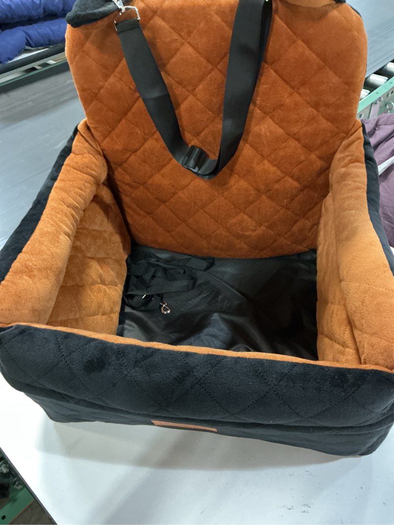 Condition photo showing As Is for dog car seat for small/medium dogs up to 35lbs,elevated cushion fits in front/back seat,travel safety per car bed with washable removable cover, storage 2 pockets black-orange