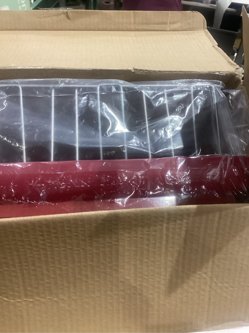 Condition photo showing New/Like New for Farberware Classic Large Rust Resistant Full Dishrack with Removable 3 Compartment Flatware Caddy, Andlged Drain Board, 3-Piece, Red Red Dish Rack Set