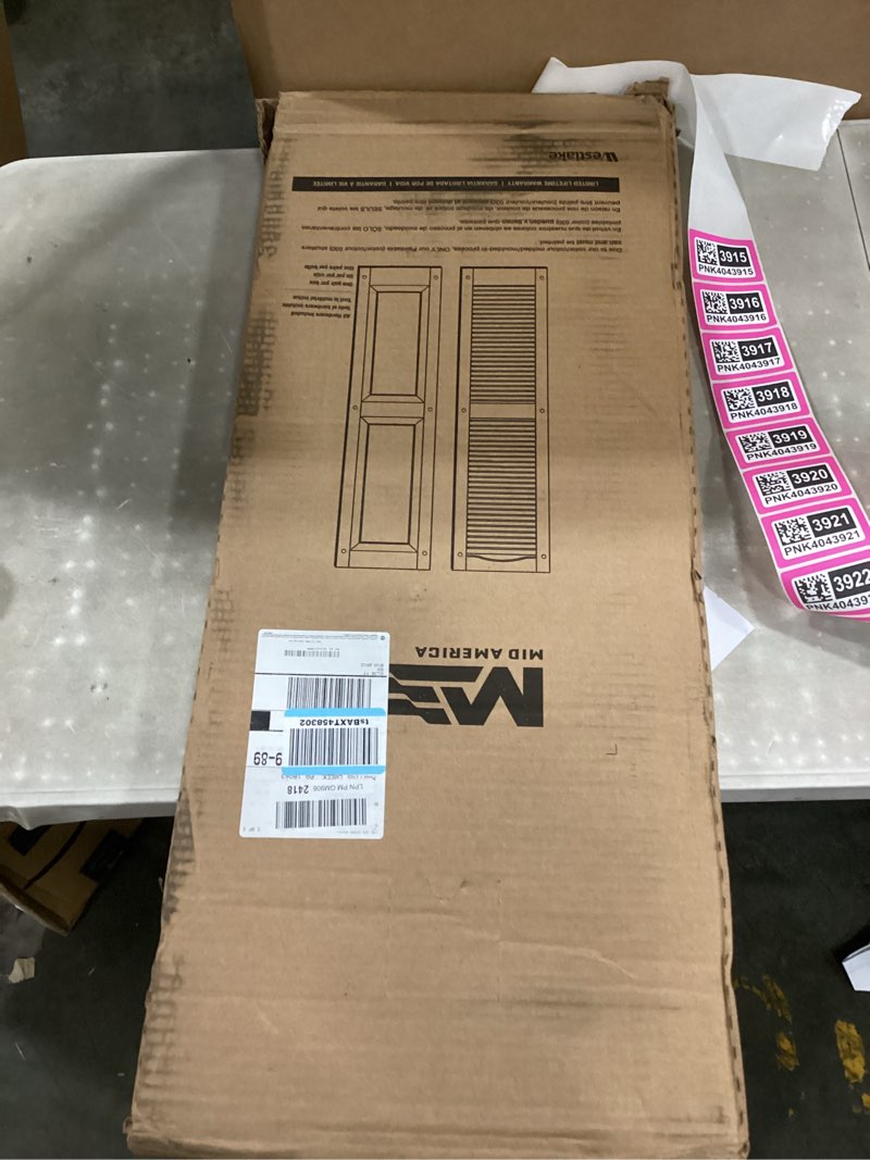 Condition photo showing New/Like New for 14.75 in. w x 35 in. h builders edge  standard two equal panels  raised panel shutters  includes matching installation spikes  002 - black