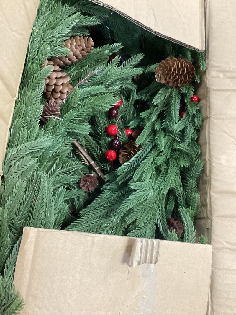 Condition photo showing As Is for Christmas Garland with LED Lights,9FT Artificial Real Tough Garland,100 LED Lights, Suitable for Fireplace, Wall, Staircase, Indoor and Outdoor Holiday Decoration Green