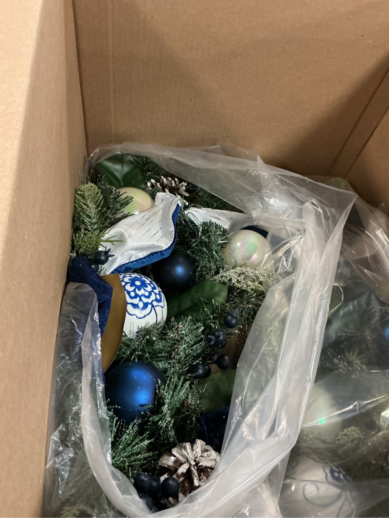 Condition photo showing Good Condition for Blue and White Christmas Wreath,24 inch Chinoiserie Wreaths with Bows Berries Pinecone for Front Door Holiday Accent Decoration for Window Fireplace Wall Party Staircase Xmas Decorations