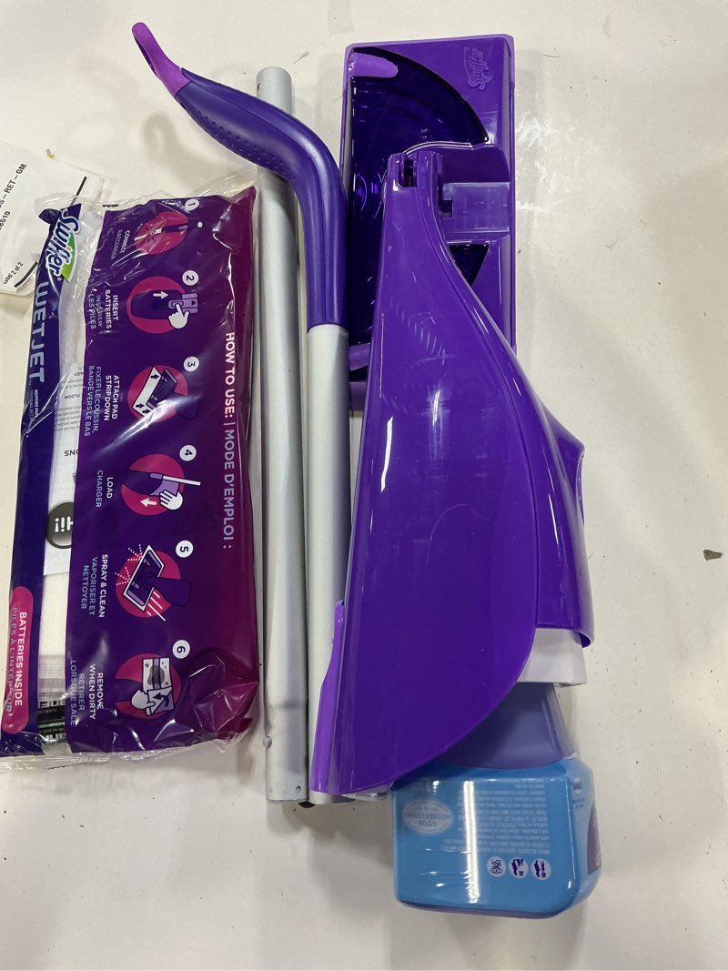 Condition photo showing Good Condition for swiffer wet jet mop, floor cleaner for mopping wood, laminate, tile in home, bathroom, kitchen, all purpose multi-surface cleaning set includes 1 spray mop, 5 pads refill, 1 fresh scent solution dust mop