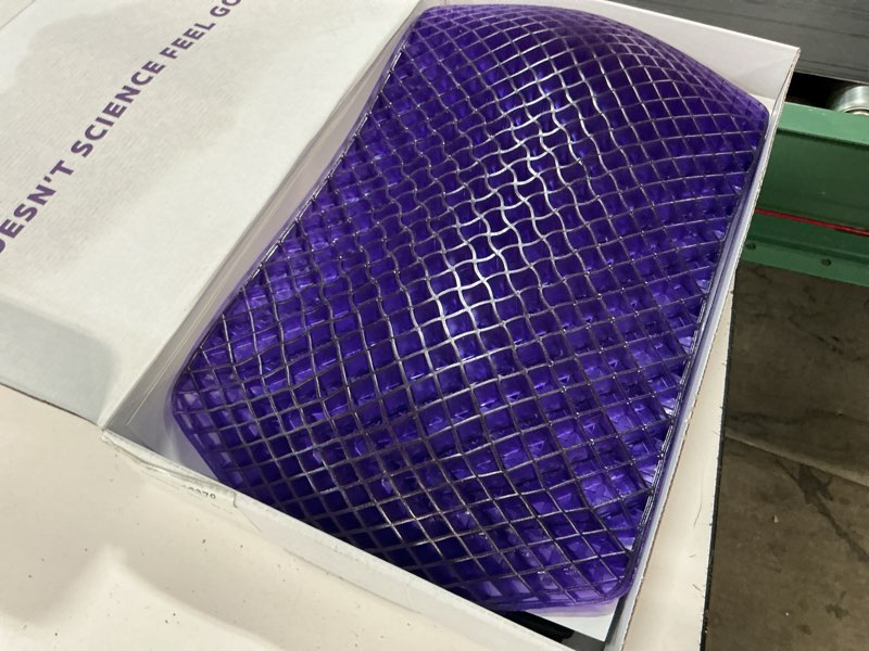Condition photo showing Good Condition for purple back cushion | pressure reducing grid designed for ultimate comfort | designed for chairs, gaming, and travel | made in the usa