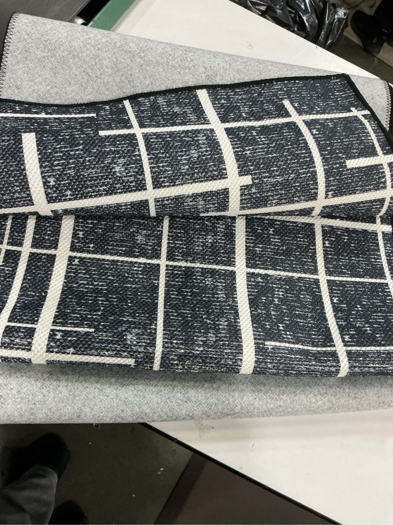 Condition photo showing As Is for Modern Stripe Hallway Runner Rug Non Slip, Washable 2x10 Runner Rug, Woven Thin Low Pile Carpet Runners for Hallway 10ft Entryway, Kitchen, Walkway -Midnight Black 2' x 10' (Runner) Striped- Midnight Black