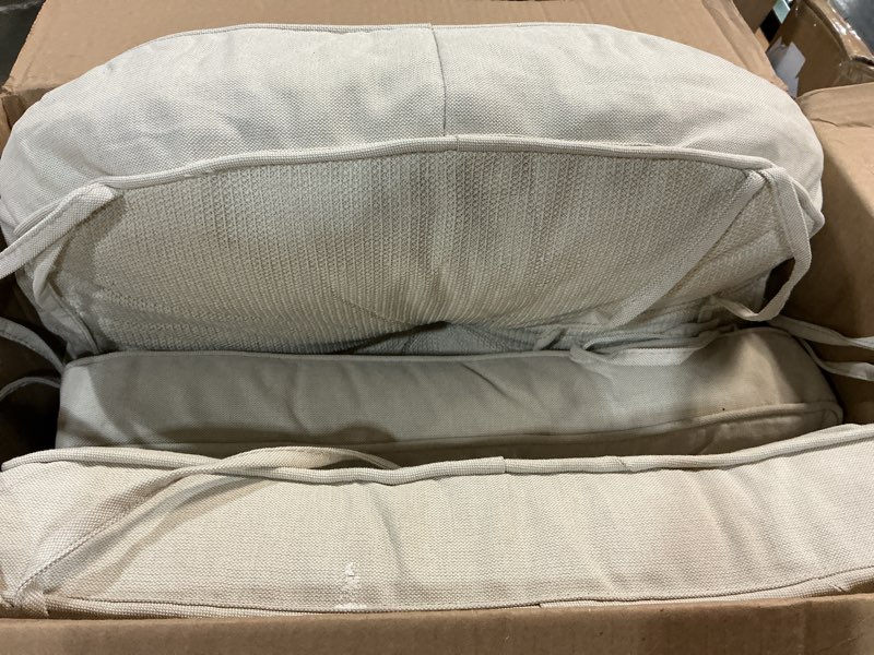 Condition photo showing As Is for sunrox memory foam jumbo rocking chair cushions, fadeshield water resistant non slip durable tufted pads, set of seat & back cushion with ties for indoor/outdoor rocker, 2 piece, cream jumbo- 28"x18"/18"x18" cream