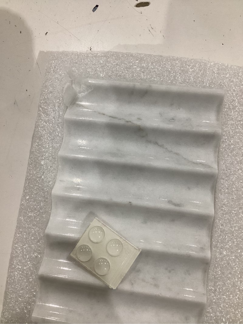 Condition photo showing As Is for 100% natural carrara marble soap dish holder, stone soap tray with self-draining grooves for bathroom sink, shower, or kitchen, luxury non-ceramic bar soap saver