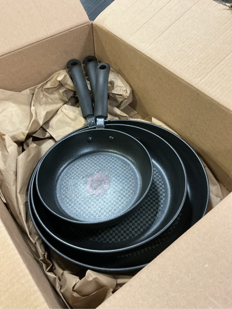 Condition photo showing As Is for t-fal ultimate hard anodized nonstick fry pan set 3 piece: 8, 10.25, & 12 inch, oven broiler safe 400f, kitchen cookware set, pots and pans set non stick, frying pans, skillets, dishwasher safe, black 3-piece