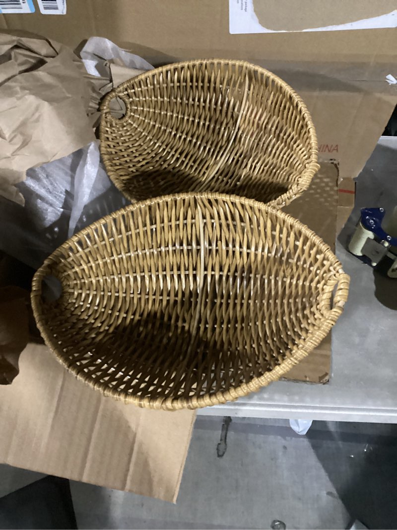 Condition photo showing Good Condition for 2-tier wicker fruit basket stand, handwoven plastic rattan fruit and vegetable storage organizer, rustic boho countertop display basket for produce, bread, snacks, or towels