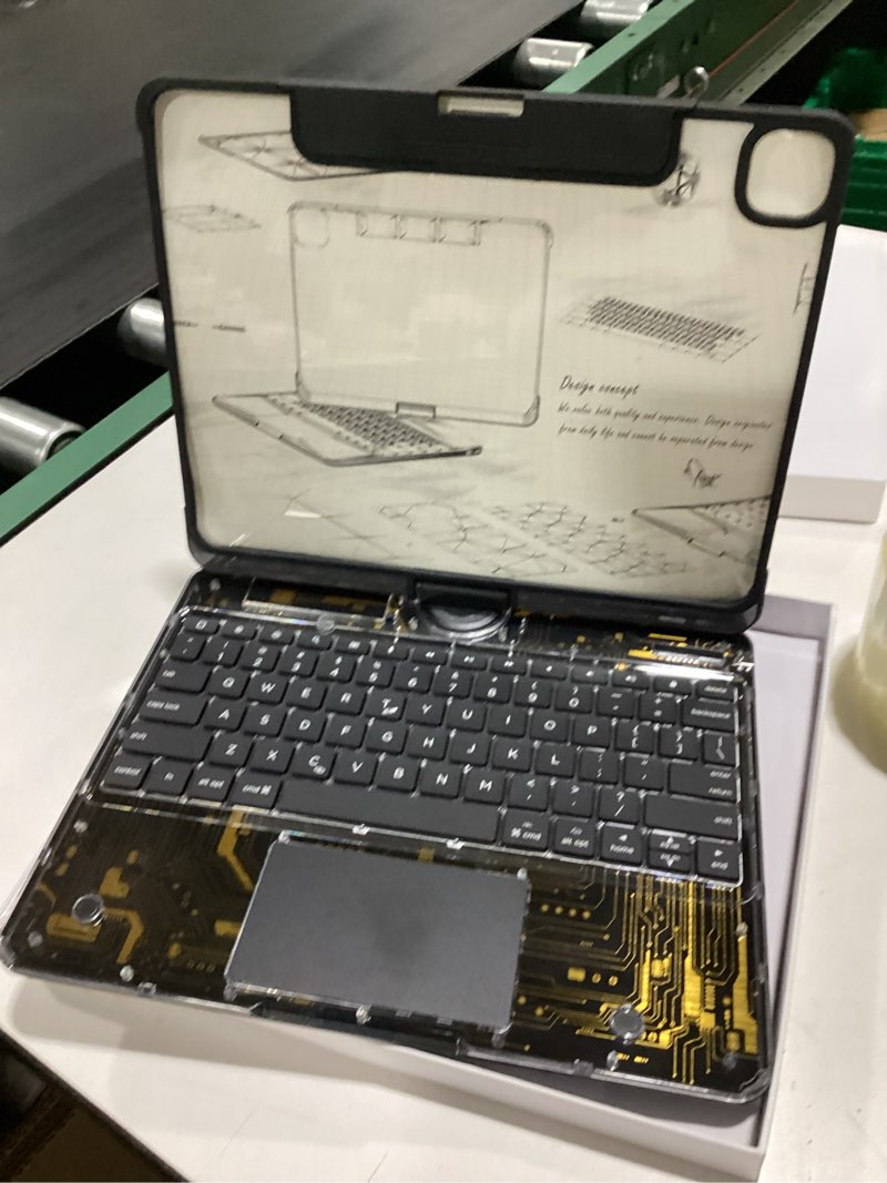 Condition photo showing New/Like New for working verified. tsqqst clear wireless keyboard case for ipad pro 13 inch m5/m4 2025/2024 with pencil holder & multi-touch trackpad, visible pcb high-tech style, 3-brightness & 7-color backlight, 360 rotatable, black clear+black pro13 m5/m4