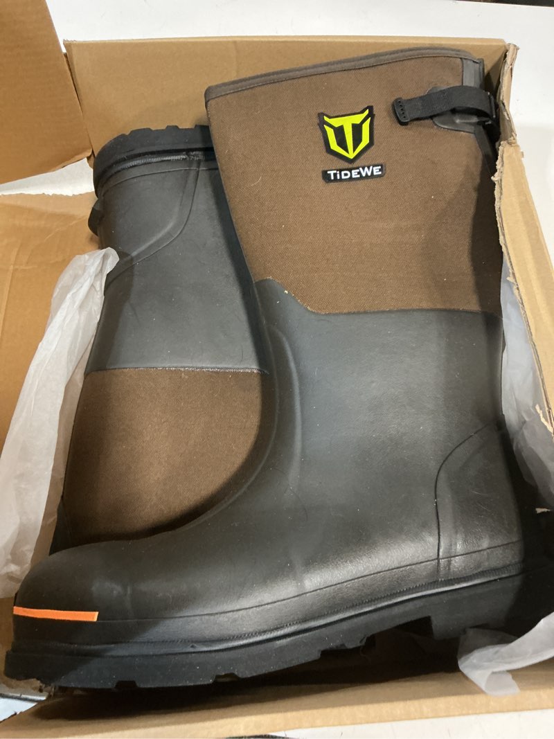 Condition photo showing Good Condition for TIDEWE Rubber Work Boot for Men with Steel Toe & Shank, Waterproof Anti Slip Hunting Boot, 6mm Neoprene Hunting Boot for Manufacturing, Construction, Farming, Black,Brown, Size 7-13 Brown 12
