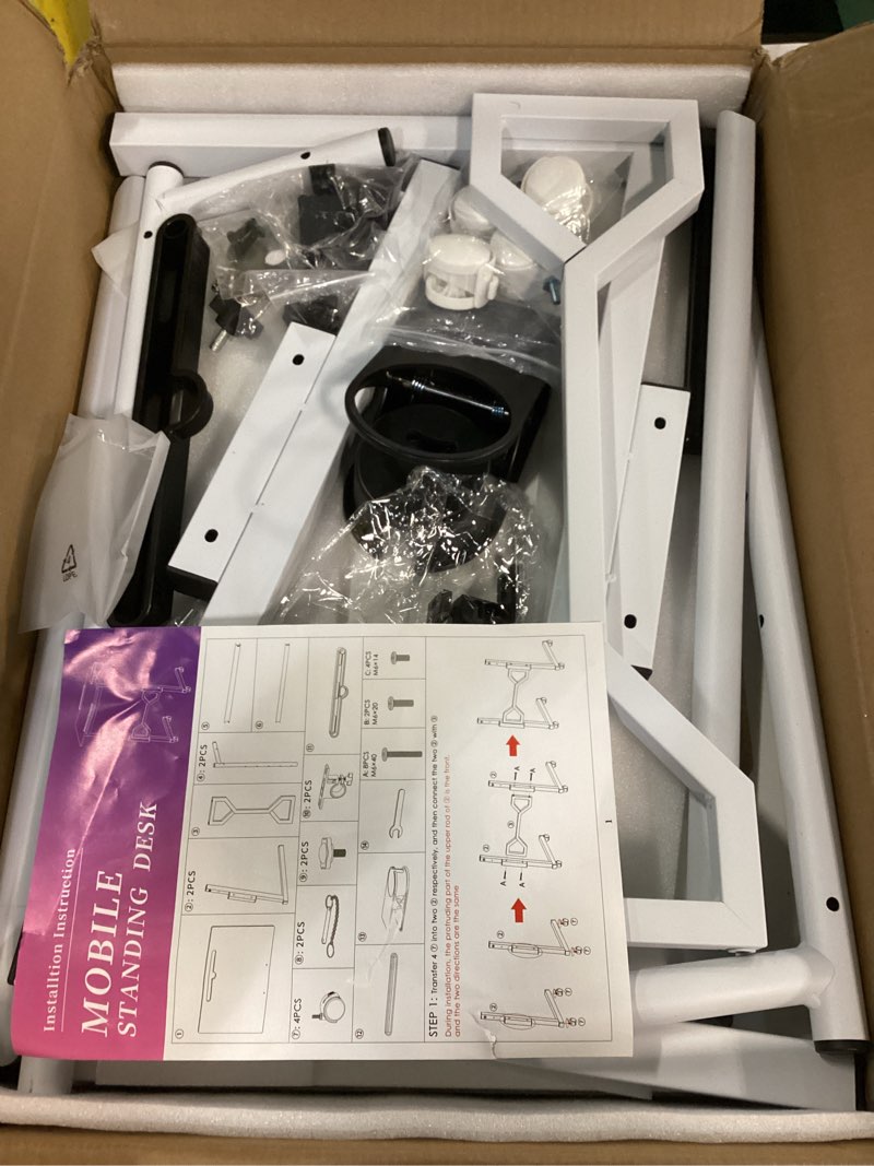 Condition photo showing As Is for Small Standing Desk with Wheels, Portable Treadmill Desk, Rolling Desk Adjustable Height for Laptop, Mobile Standing Table for Walking Pad, Bedside Table White