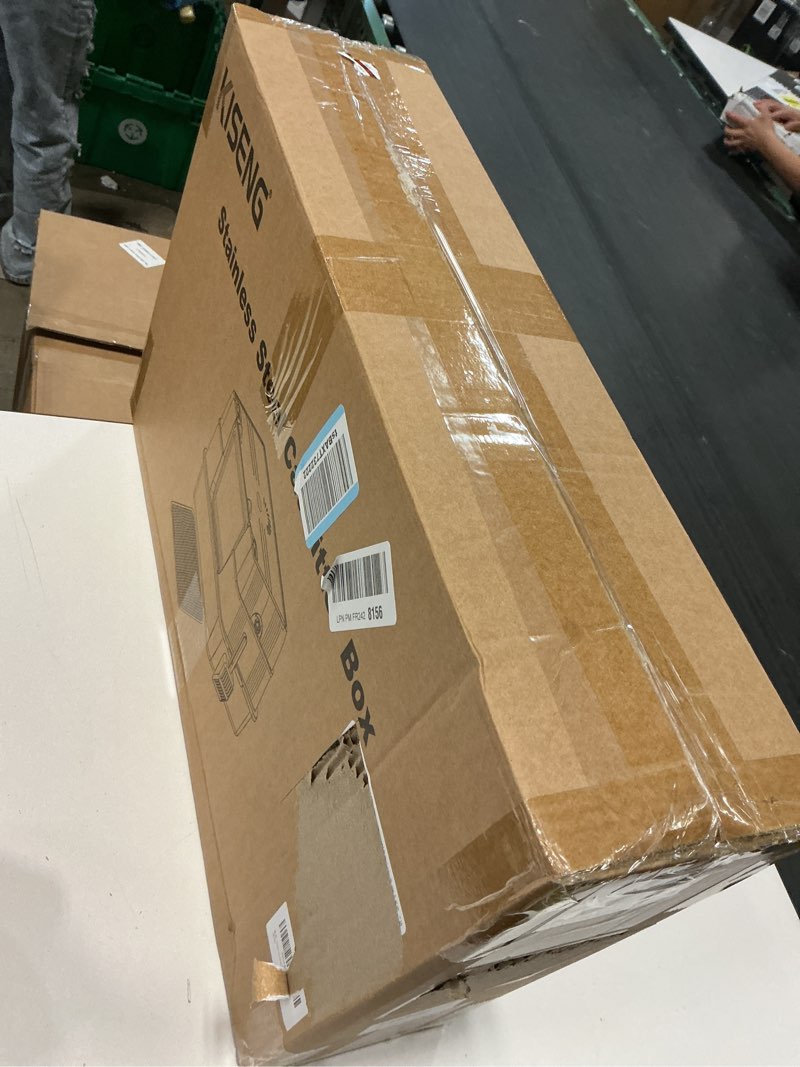 Condition photo showing New/Like New for stainless steel litter box with lid, side entry extra large high sided enclosure litter box, removable upper cover leak-proof odorless non-stick easy clean metal pan with scoop & mat 1 x-large enclosed-1 pack