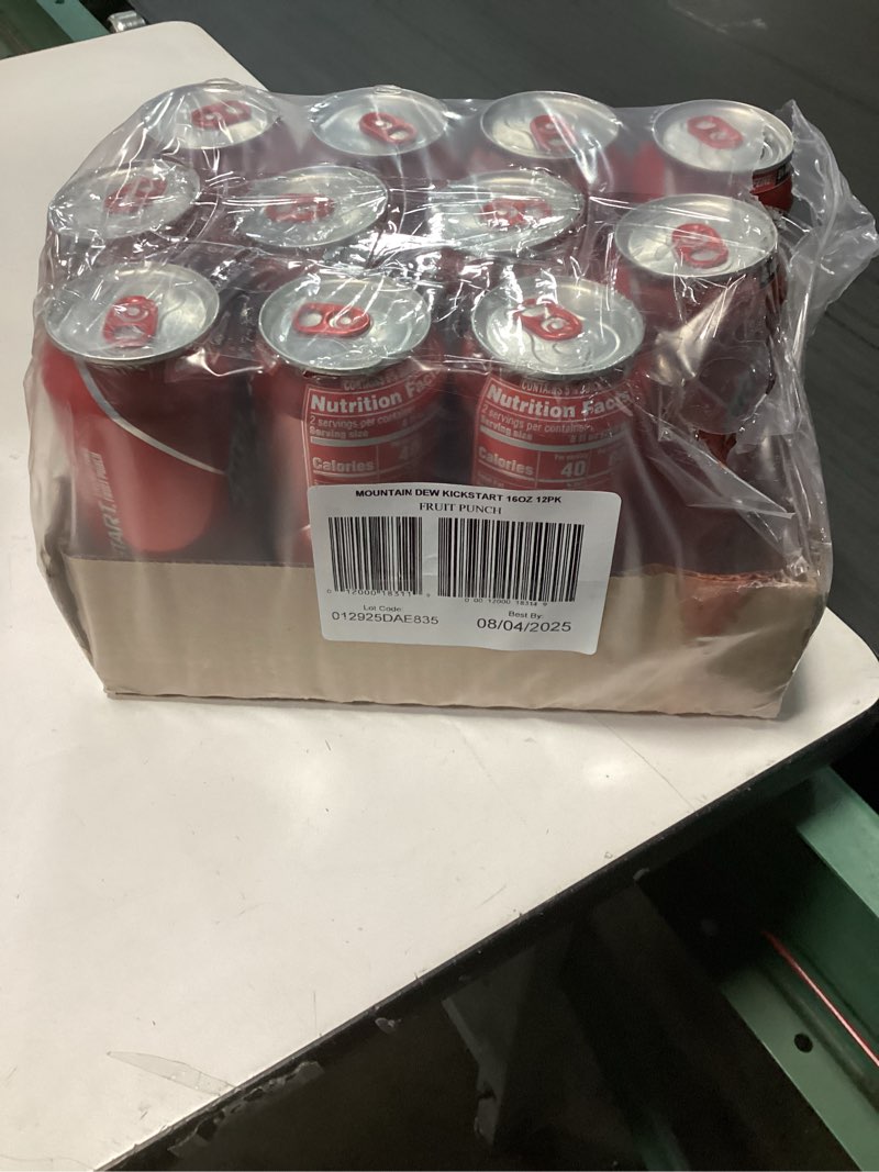 Condition photo showing As Is for (Best by 08 / 04 / 2025 ) Mountain Dew Kickstart, Fruit Punch, 92mg Caffeine, Vitamins B & C, 80 Calories, 5% Juice, 16 fl oz (12 Count) Fruit Punch 16 Fl Oz (Pack of 12)