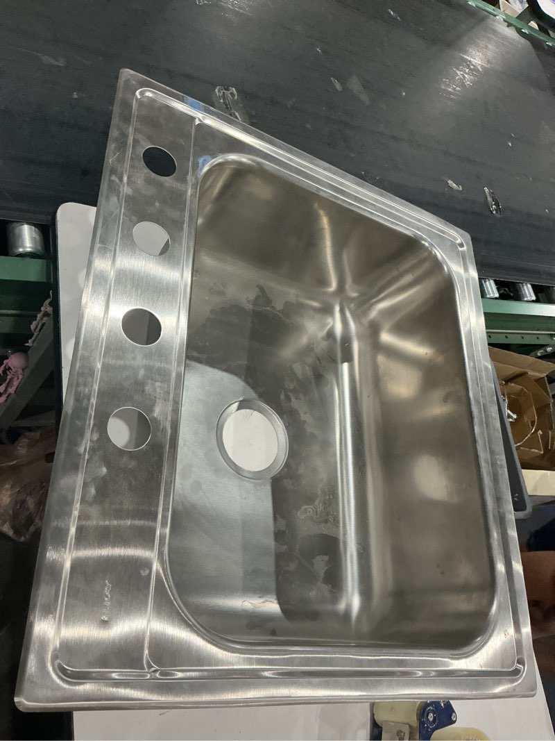 Condition photo showing As Is for elkay dayton d125223 single bowl drop-in stainless steel sink, satin, 25 x 22 25 x 22 22 gauge 3 faucet holes