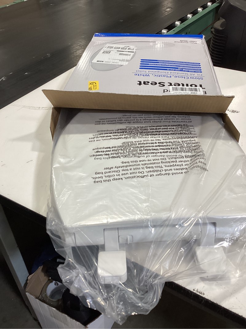 Condition photo showing Good Condition for toilet seat elongated, slow close hinges, four non-slip bumpers, easy to install and clean, durable plastic, white – two sets of mounting parts included elongated white - adult seat