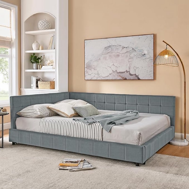 ((Incomplete))Velvet Tufted Daybed with Comfortable Backrest and Armrests Color: Gray, Size: Queen