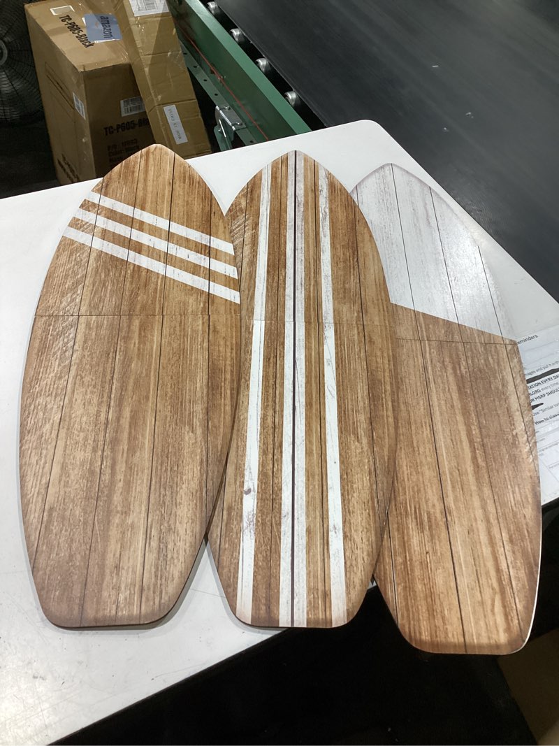 Condition photo showing Good Condition for yookeer 3 pcs surfboard wall decor,36" x 12" large wooden coastal beach wall decor set, aesthetic cute beachy tropical surf board art for room bedroom decoration(wood,classic) wood classic
