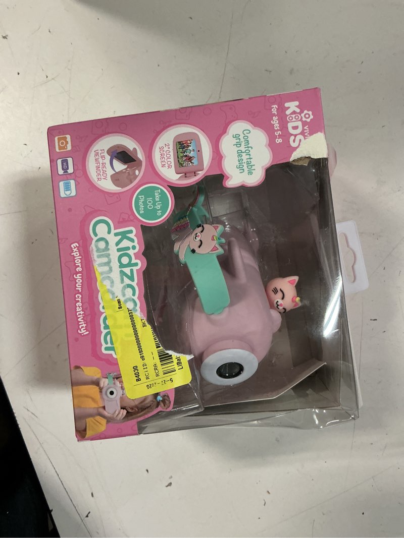Condition photo showing New/Like New for vivitar kidztech camcorder for kids, pink kitticorn digital video camera, digital zoom, micro sd, single pack