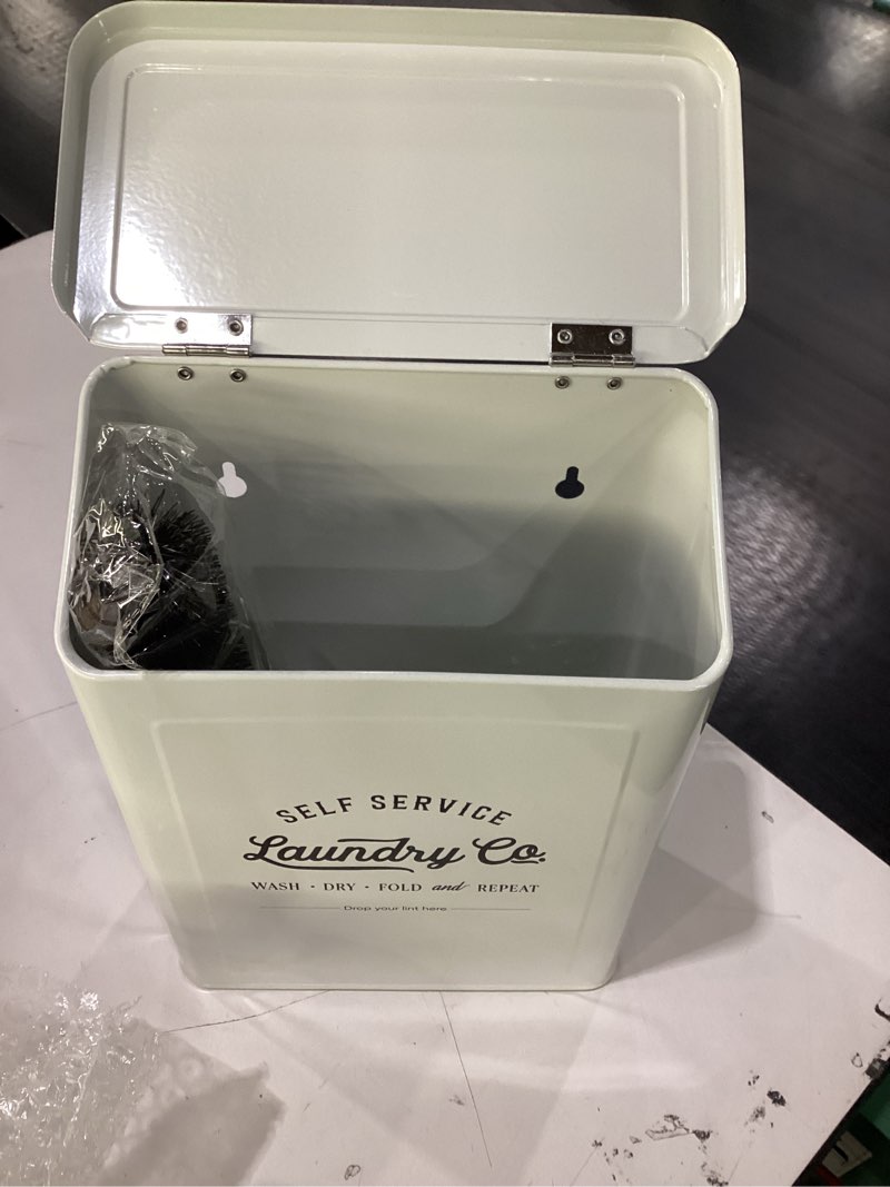 Condition photo showing New/Like New for Magnetic Lint Bin for Laundry Room, Metal Trash Can with Lid for Dryer, Farmhouse Lint Holder, Laundry Co Sign, Laundry Room Storage Decor with Dryer Lint Brush(White)