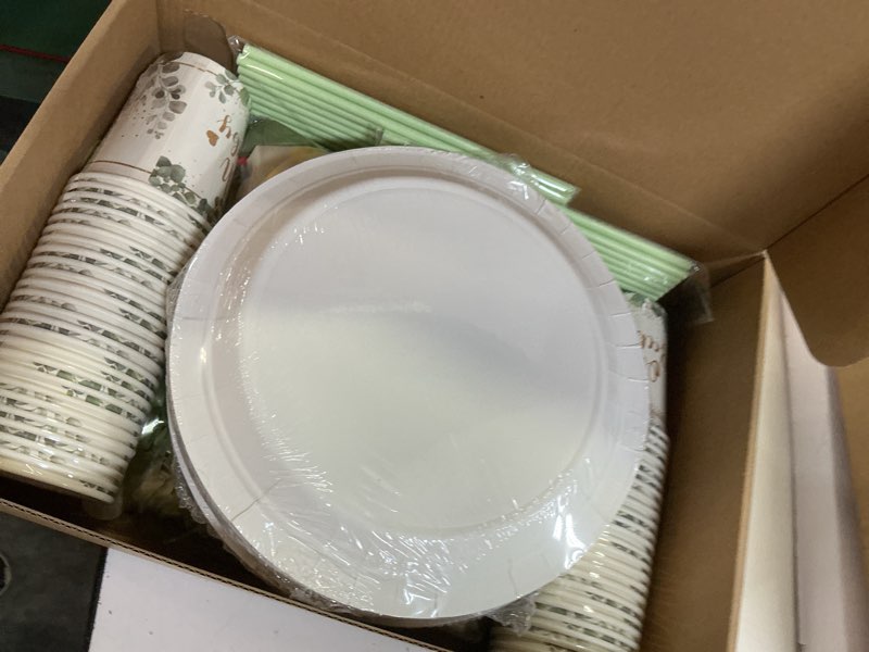 Condition photo showing New/Like New for 372 pcs sage green baby shower decorations, neutral baby shower decor supplies- disposable dinnerware set with eucalyptus leaf (50 guest), "oh baby" banner, balloon, sash, cake topper