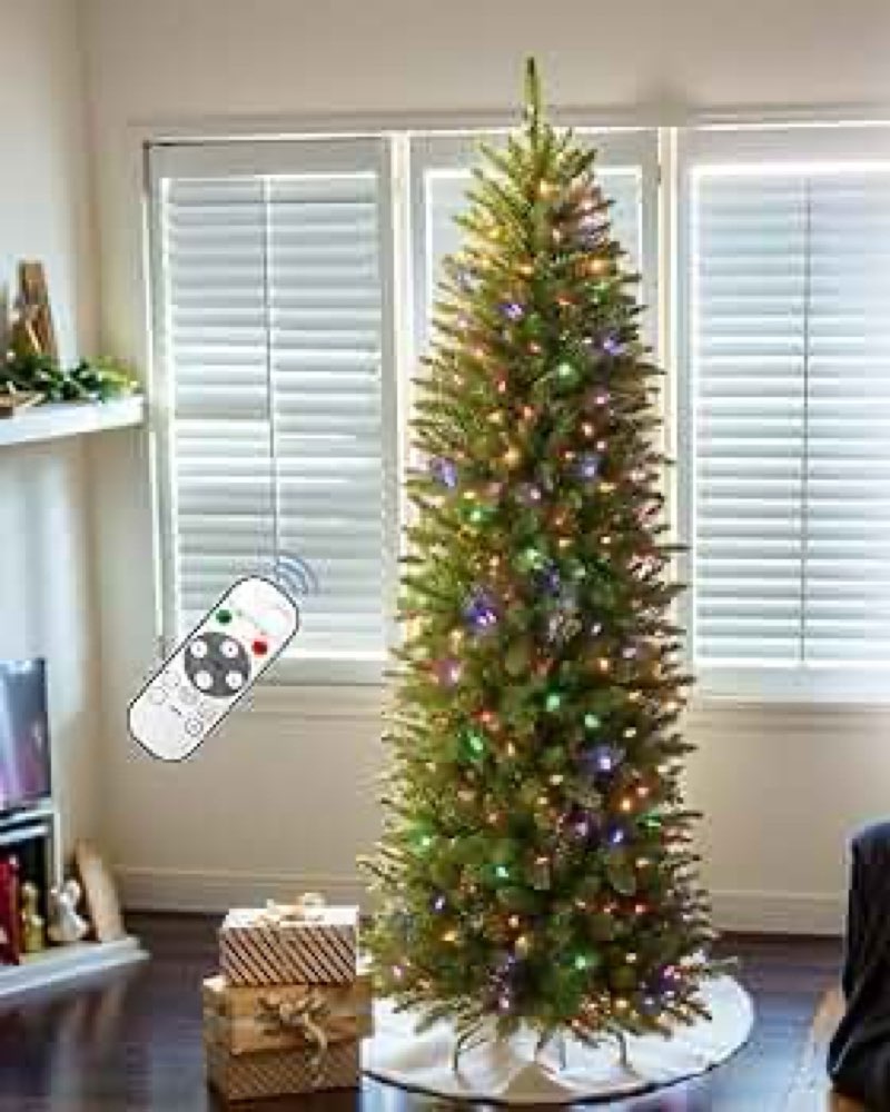 7FT Pre-lit Pencil Christmas Tree Spruce with Remote Control, 300 Warm White Multi-Color Lights, Art
