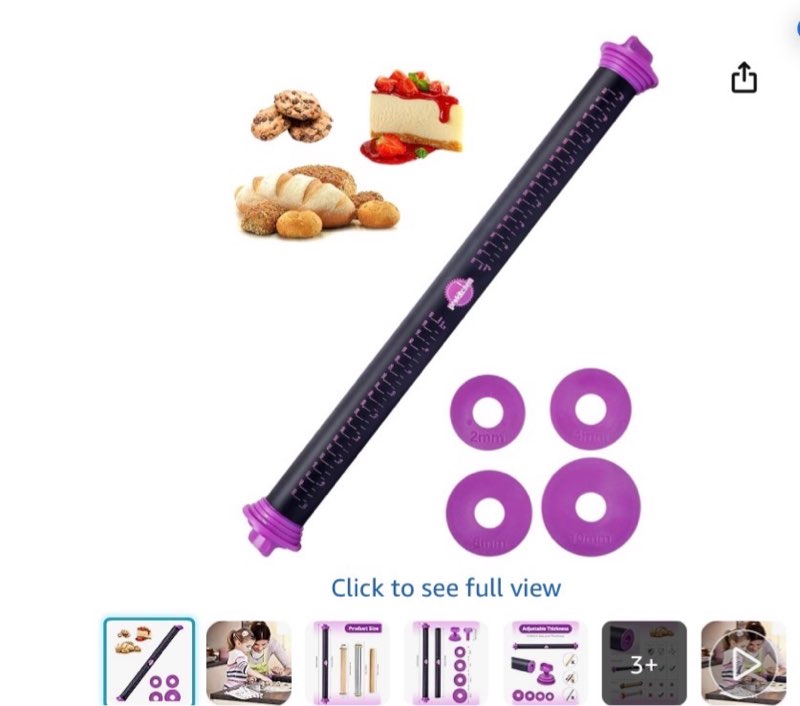 silicone rolling pin with thickness rings, adjustable designs for fondant, cookie decorating, pasta, pizza, 23.6 inch purple large long pin