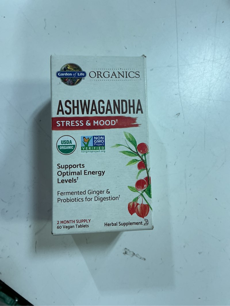 Condition photo showing New/Like New for (BBD 03/2026). Garden of Life Organic Ashwagandha Supplement with Probiotics & Ginger - Stress, Mood & Energy Support, Vegan, Gluten Free, Non GMO, 2 Month Supply, 60 Tablets Unflavored 60 Count (Pack of 1)
