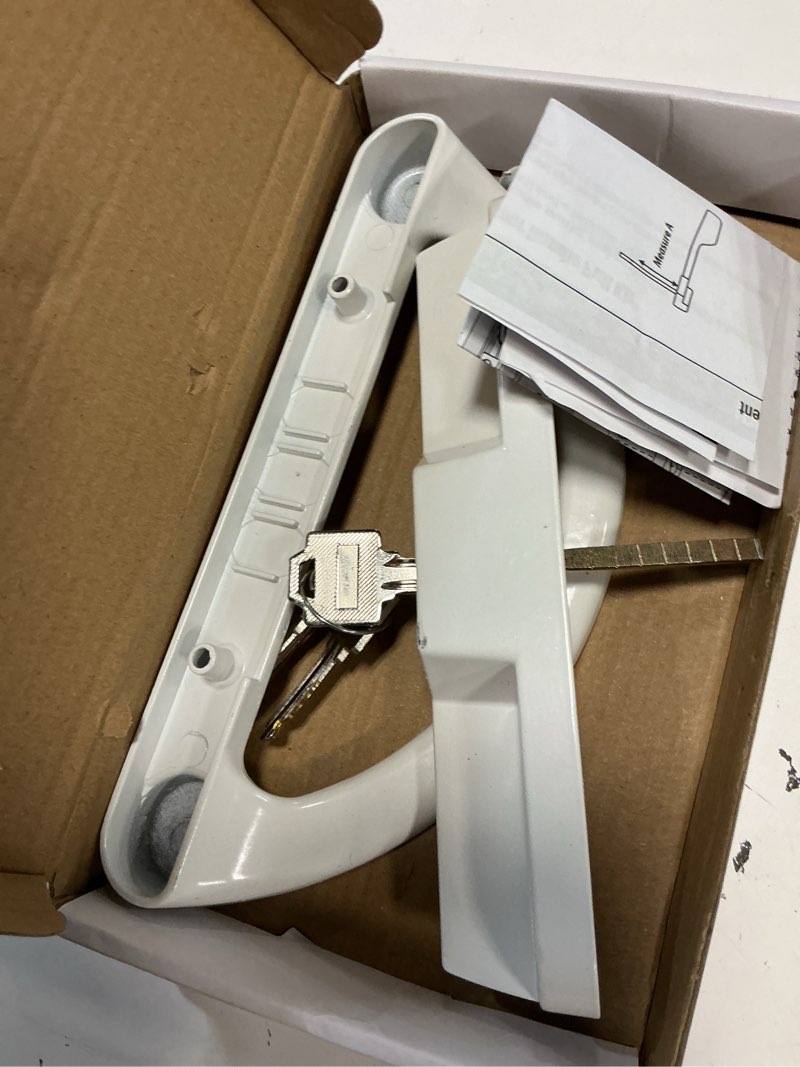 Condition photo showing Good Condition for sliding glass door handle with mortise lock and key cylinder,patio door lock with key replacement patio door handle set sliding door lock fits 3-15/16" screw hole spacing,reversible design white