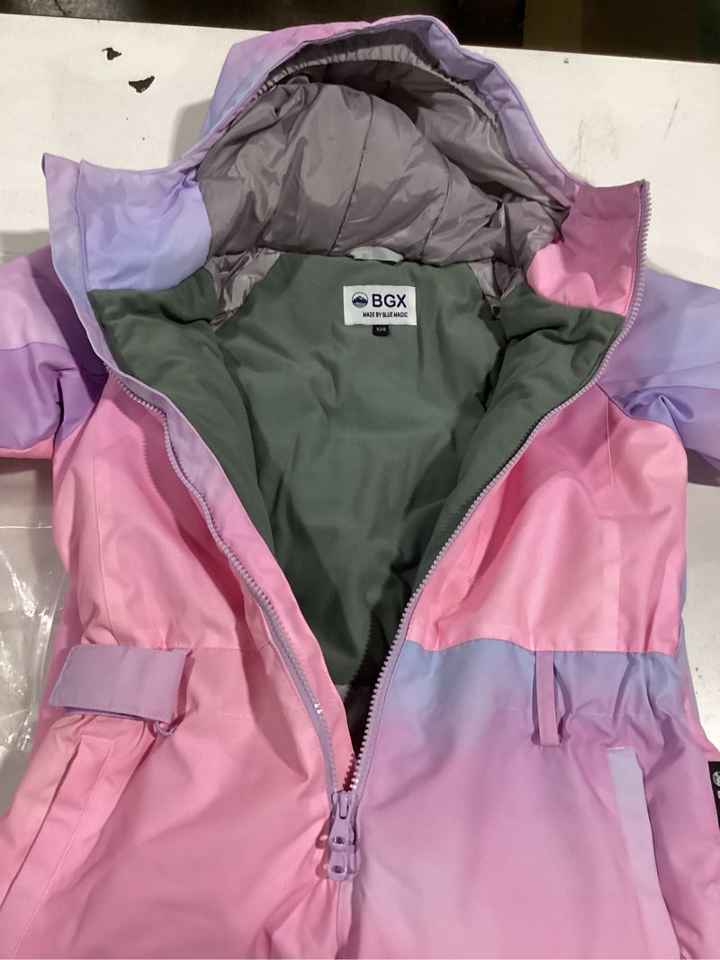 Condition photo showing Good Condition for kids girls boys one piece snowsuits colorful ski suits jumpsuits high collar hood zipper waterproof jackets winter pink aurora 6 years
