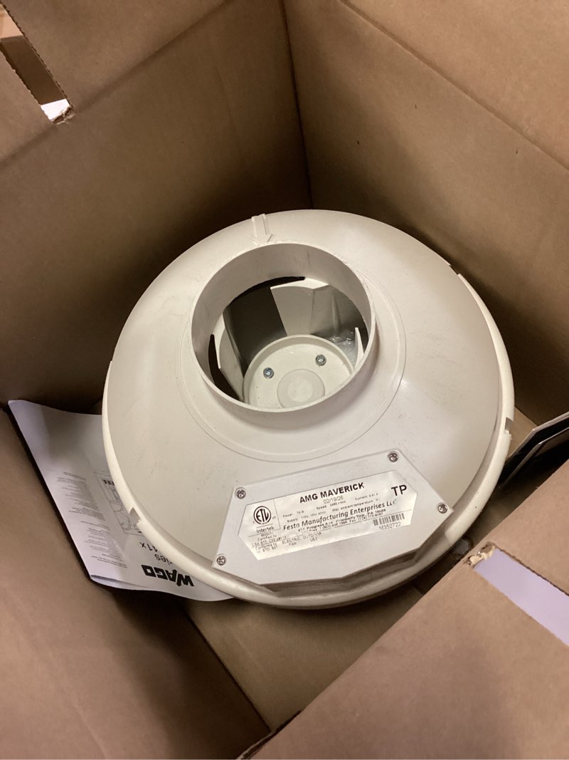 Condition photo showing As Is for festa amg maverick radon fan - quiet and energy efficient 260 cfm radon mitigation system inline duct fan - 4" electric inline - made with sturdy glass reinforced poly-resin – white