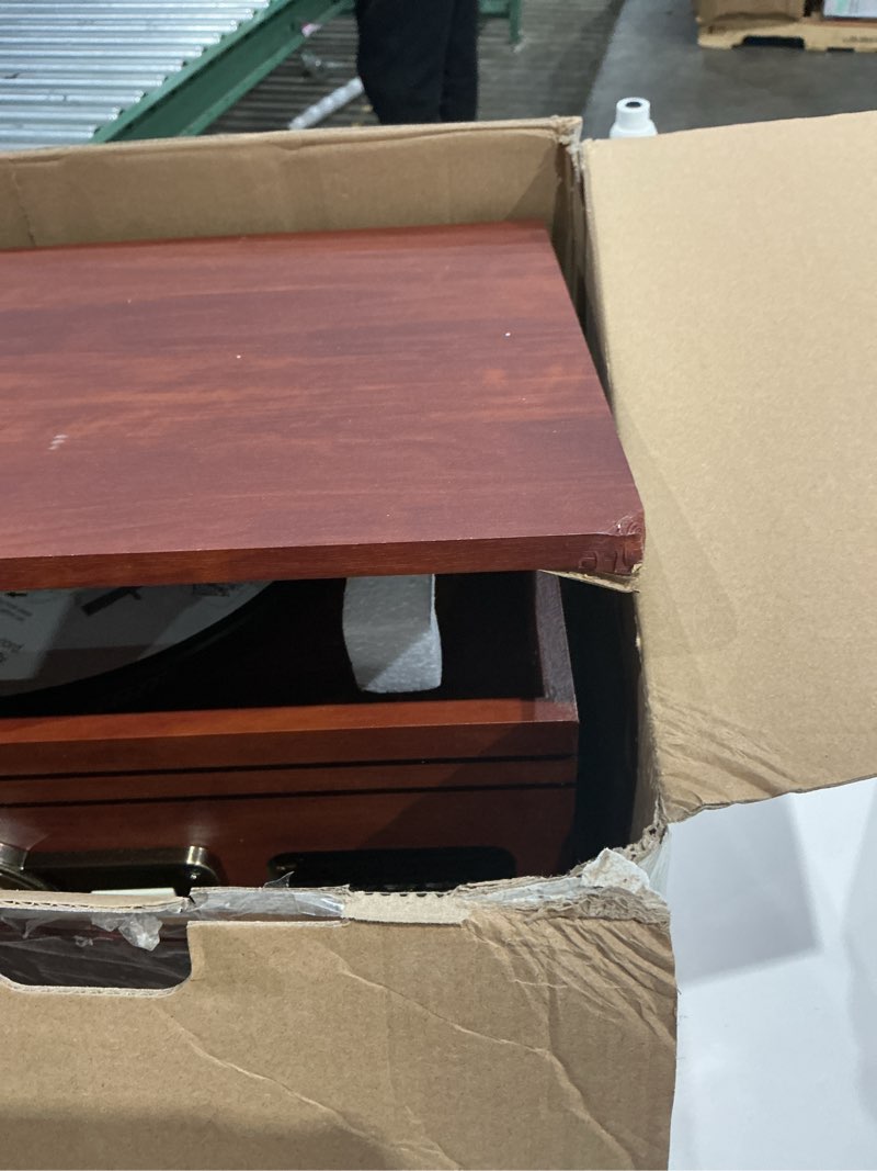 Condition photo showing As Is for victrola the quincy 6-in-1 bluetooth record player & multimedia center with built-in speakers – 3-speed turntable, cd & cassette player, am/fm radio, wireless music streaming (mahogony) mahogany record player