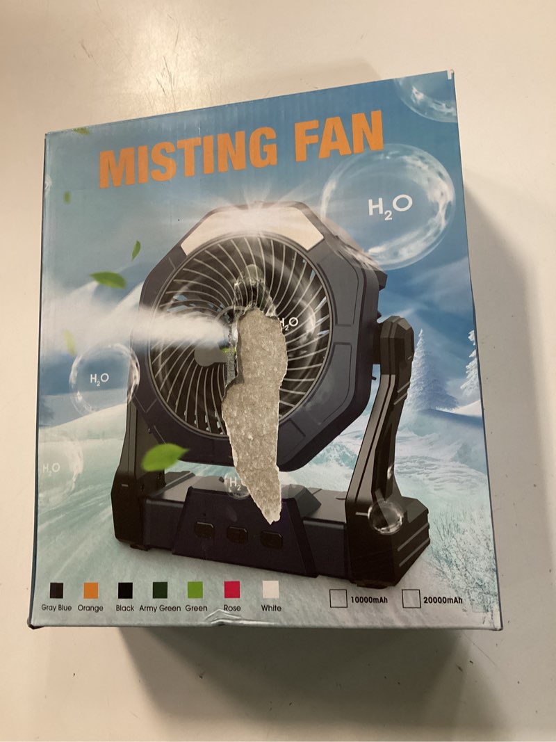 Condition photo showing New/Like New for ausic portable misting fan for outdoor cooling, [8-35hrs] battery powered mist fans with water misters & led lantern, 8-inch, 250ml tank, for patios, home, outside, camping, outdoor&indoor use 8-35hrs runtime orange