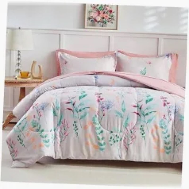 AIKASY AIKASY 7-Piece Comforter Set Bed in a Bag, Queen Size, Floral Watercolor Pattern - Bedding Set with Comforter, Pillow Shams, Fitted Sheet, and Pillowcases - Soft and Cozy* All-Season (Pink Floral)