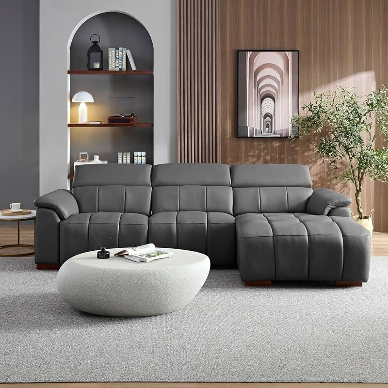 Only 1 box. KEIKI 113\" L-Shaped Genuine Leather Wall-Hugger Reclining Sofa with Right Chaise, Adjustable Backrest & Footrest, Modern Electric Control 3-Seater Couch with USB, for Living Room, Dark Grey