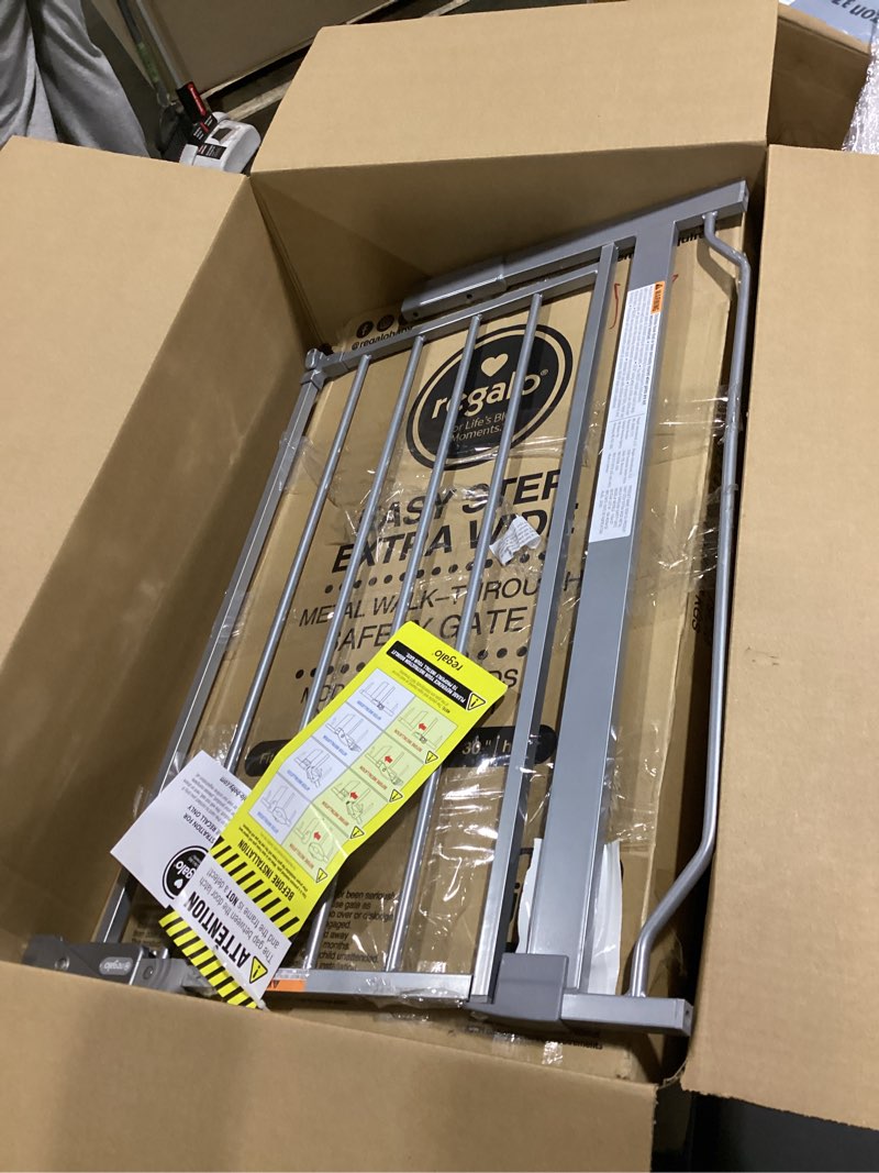 Condition photo showing Good Condition for regalo easy step 49-inch extra wide baby gate, includes 4-inch and 12-inch extension kit, 4 pack of pressure mount kit and 4 pack of wall mount kit, platinum platinum 29-49"w x 30"h