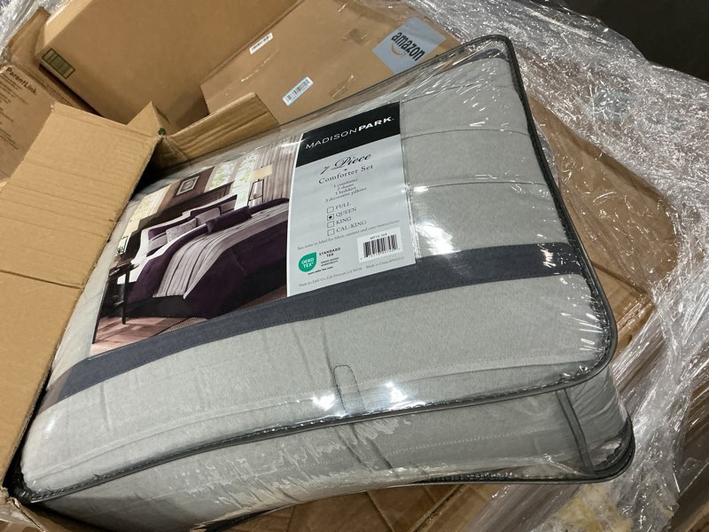 Condition photo showing Good Condition for madison park palmer comforter set - faux suede design, striped accent, all season bedding, shams, decorative pillow, bed skirt, queen (90 in x 90 in), purple 7 piece purple queen (90 in x 90 in)