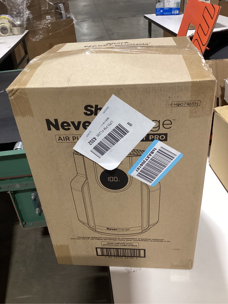 Condition photo showing Good Condition for shark air purifier for home, neverchange compact pro, for bedroom, nursery, home office, dorm, hepa-exceeding filter, captures pollutants, pet dander, dust, odor, smoke, and more, hp071brn, winter fog winter fog (250 sq. ft)