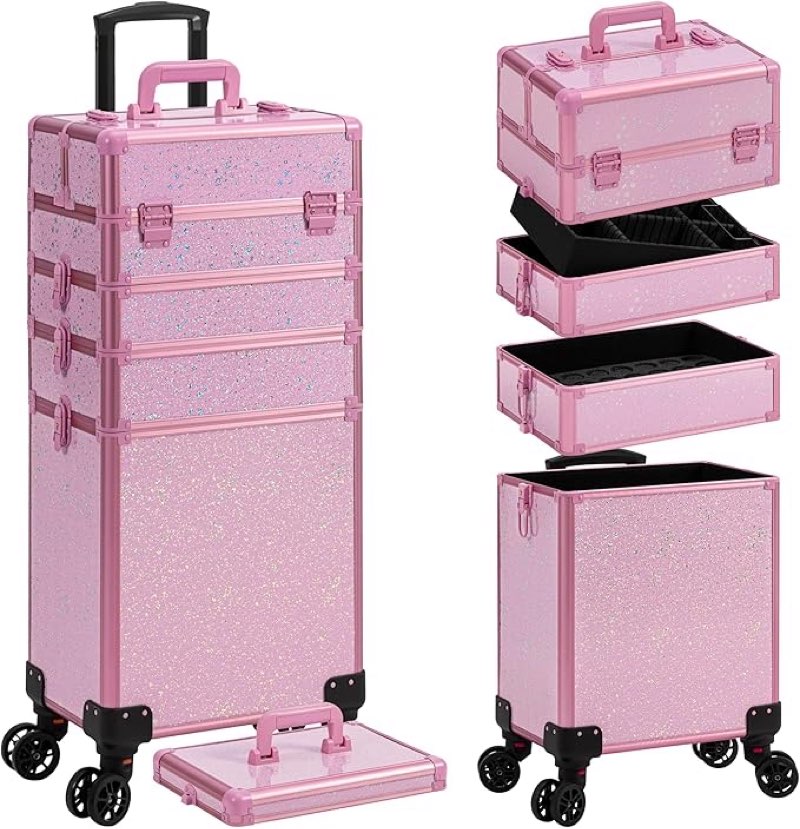 arous rolling makeup train case large storage cosmetic trolley 5 in 1 large capacity trolley makeup travel case with key swivel wheels salon barber case traveling cart trunk, pink