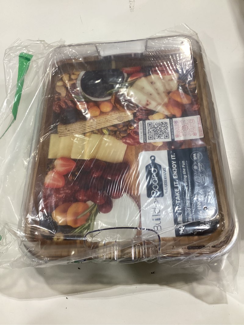 Condition photo showing Good Condition for farberware acacia wood cutting board with clear locking lid, 11x14 inch charcuterie board with compartments, reversible serving board for cheese, meats, fruits and snacks - make it, take it, enjoy it white multiple compartments