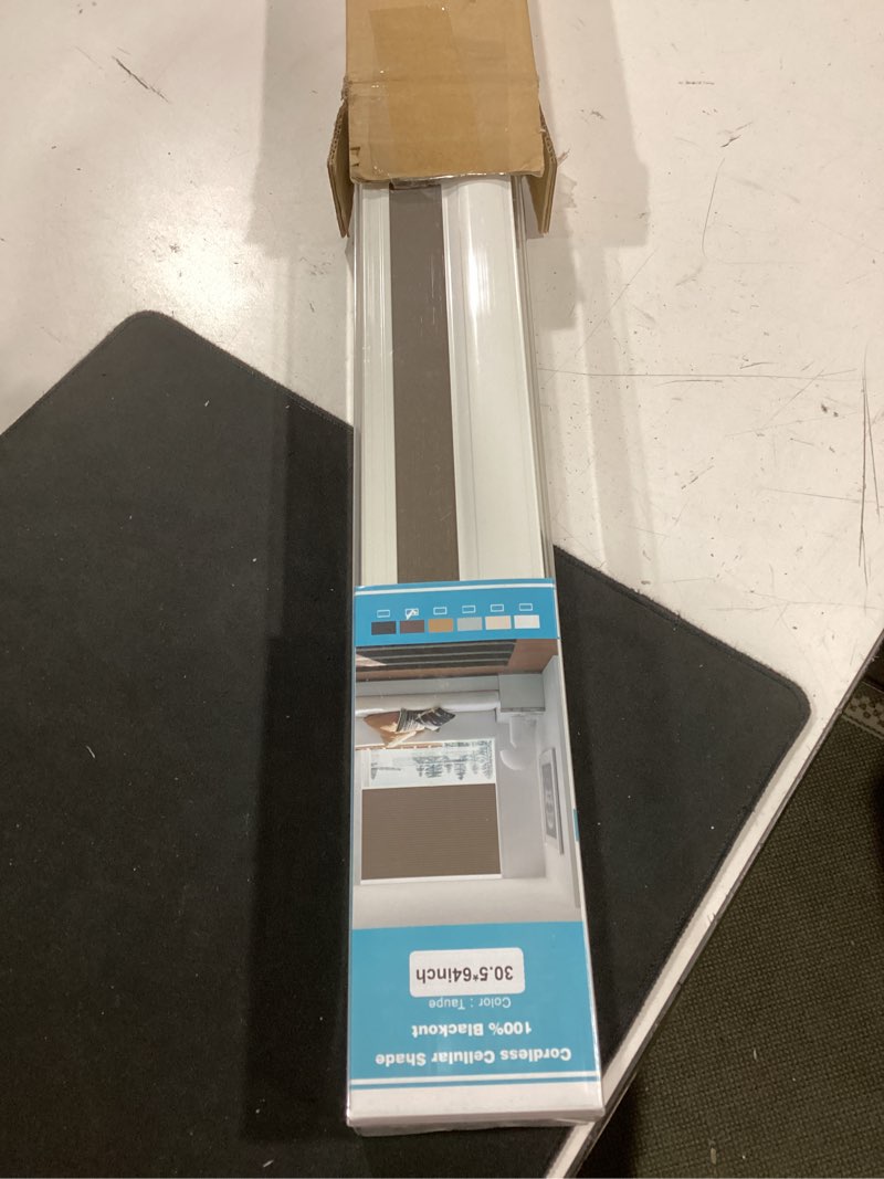 Condition photo showing New/Like New for changshade cordless blackout cellular shades for indoor windows doors, black out room darkening honeycomb blinds thermal insulated 1.5 inch cell for home, bedroom, bathroom, nursey, 30"w×64"h, taupe taupe 30"w×64"h(fba)