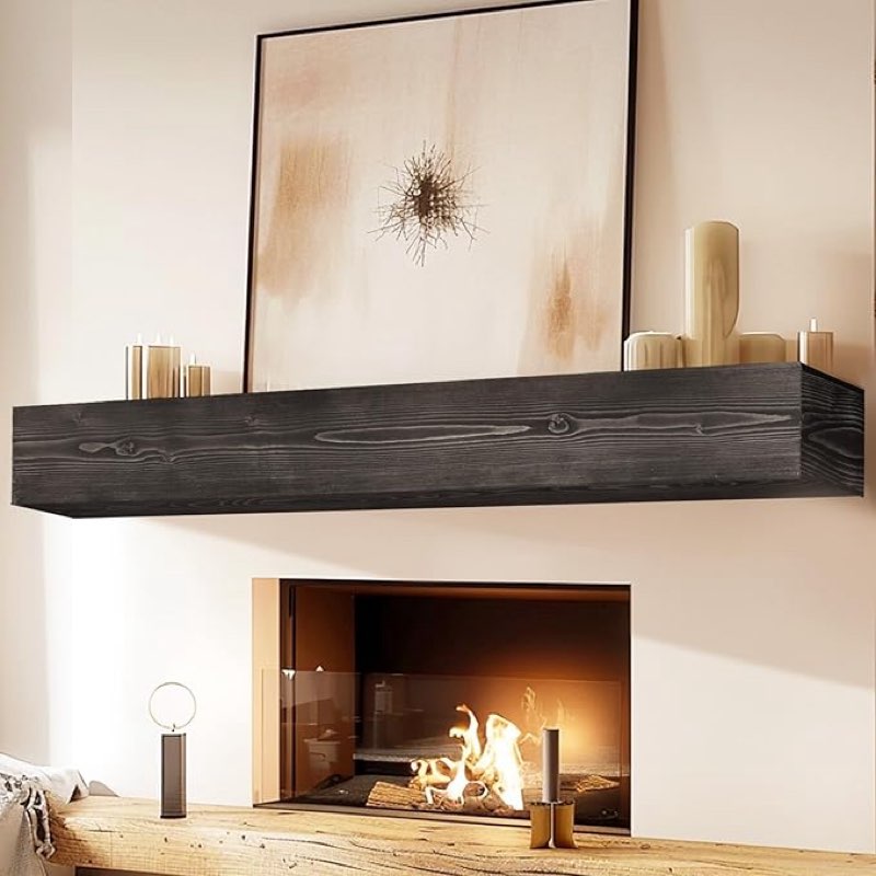 Fireplace Mantel Handmade, 6'' Thick Wall Decor Long Floating Shelf, 72inch Rustic Wood Shelf with Invisible Brackets, Black SHELF-72”X6