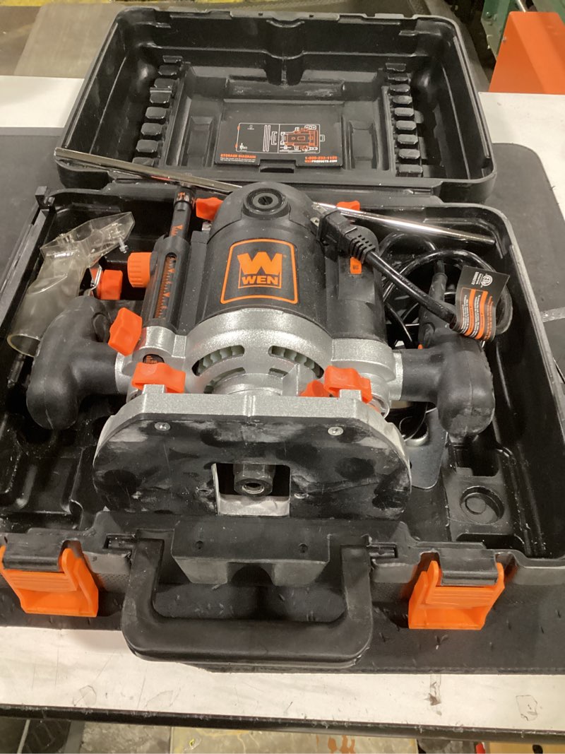 Condition photo showing As Is for wen rt6033 15-amp variable speed plunge woodworking router kit with carrying case & edge guide