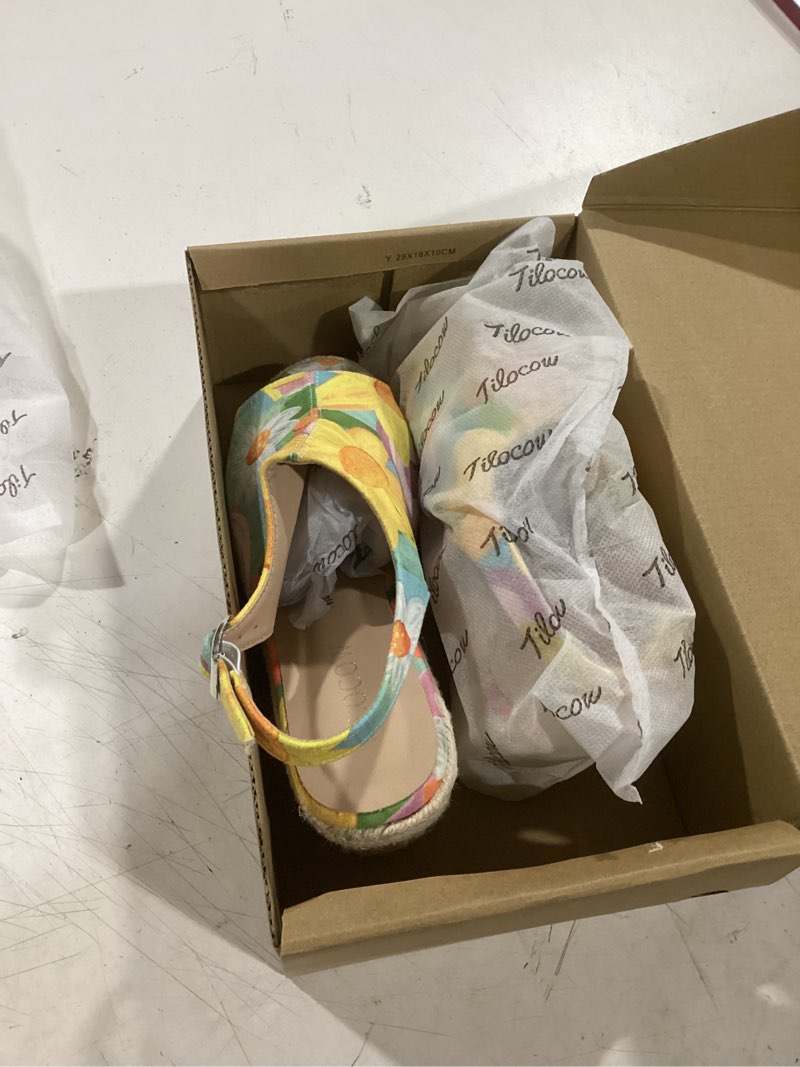 Condition photo showing Good Condition for tilocow espadrilles wedges for women open toe ankle strap platform dressy casual sandals travel slides 6 green floral