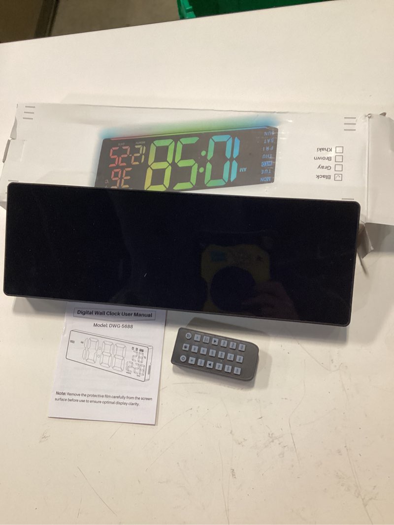 Condition photo showing Good Condition for 16.5" large digital wall clock: 11 rgb color led display with remote control, auto dst, temperature & date, big number wall clock for seniors, classroom, office, gym, home decor black 16.5 inches black