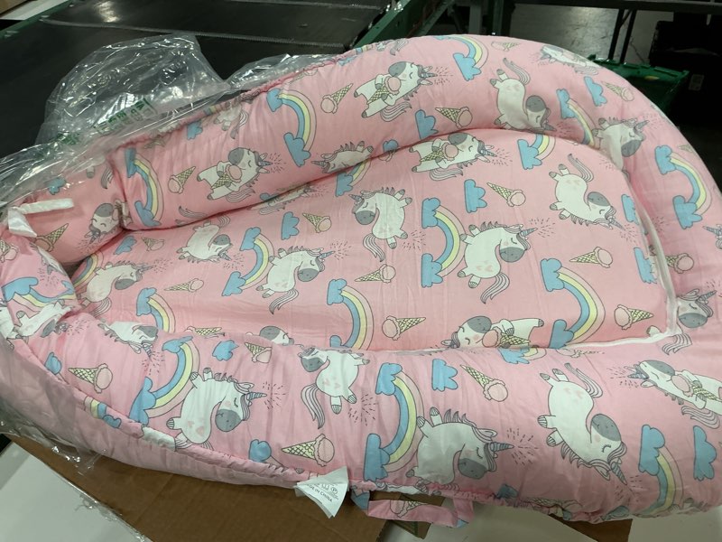 Condition photo showing Good Condition for baby lounger - breathable & soft baby nest, portable and lightweight tummy time lounger for home and travel, ideal newborn babies essentials baby shower gifts pink-unicorn