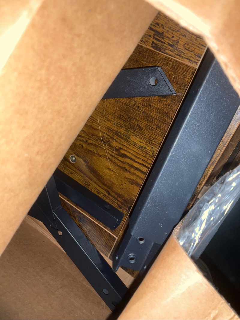 Condition photo showing As Is for Huuger 47.2 Inch Entryway Table, Industrial Console Sofa Table, 3 Tier Accent Table, for Entry, Hallway, Entrance, Foyer, Y-Shaped Metal Base, Rustic Brown