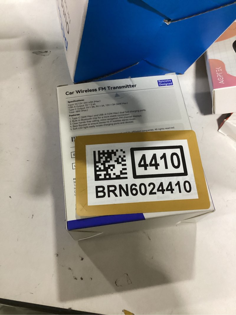 Condition photo showing New/Like New for Syncwire Bluetooth 5.4 FM Transmitter Car Adapter 48W (PD 36W & 12W) [Light Switch] [HiFi Bass Sound] [Fast Charging] Wireless Radio Music Adapter LED Display Hands-Free Calling Support USB Drive Black 48W