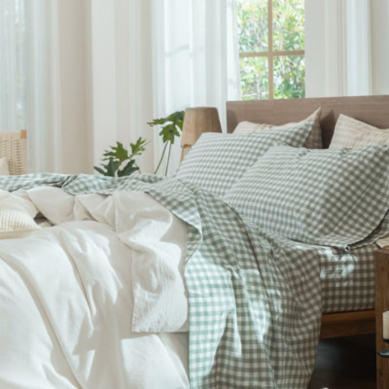 moomee gingham duvet cover set 100% washed cotton linen like textured breathable durable soft comfy 