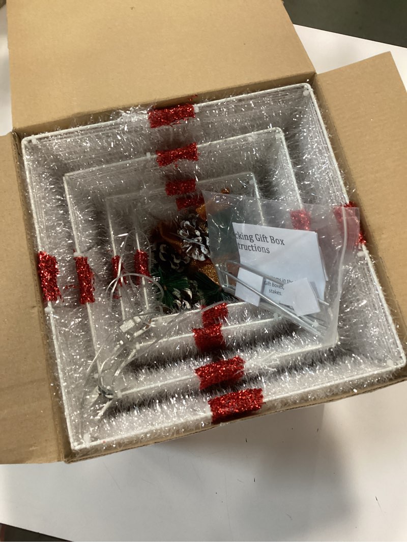 Condition photo showing New/Like New for Christmas Lighted Gift Boxes Decorations Set of 4, 2.8Ft Stackable Christmas Nesting Boxes Battery Operated with Timer for Home and Party Decoration 8"-6"-5"-4" Red Bow